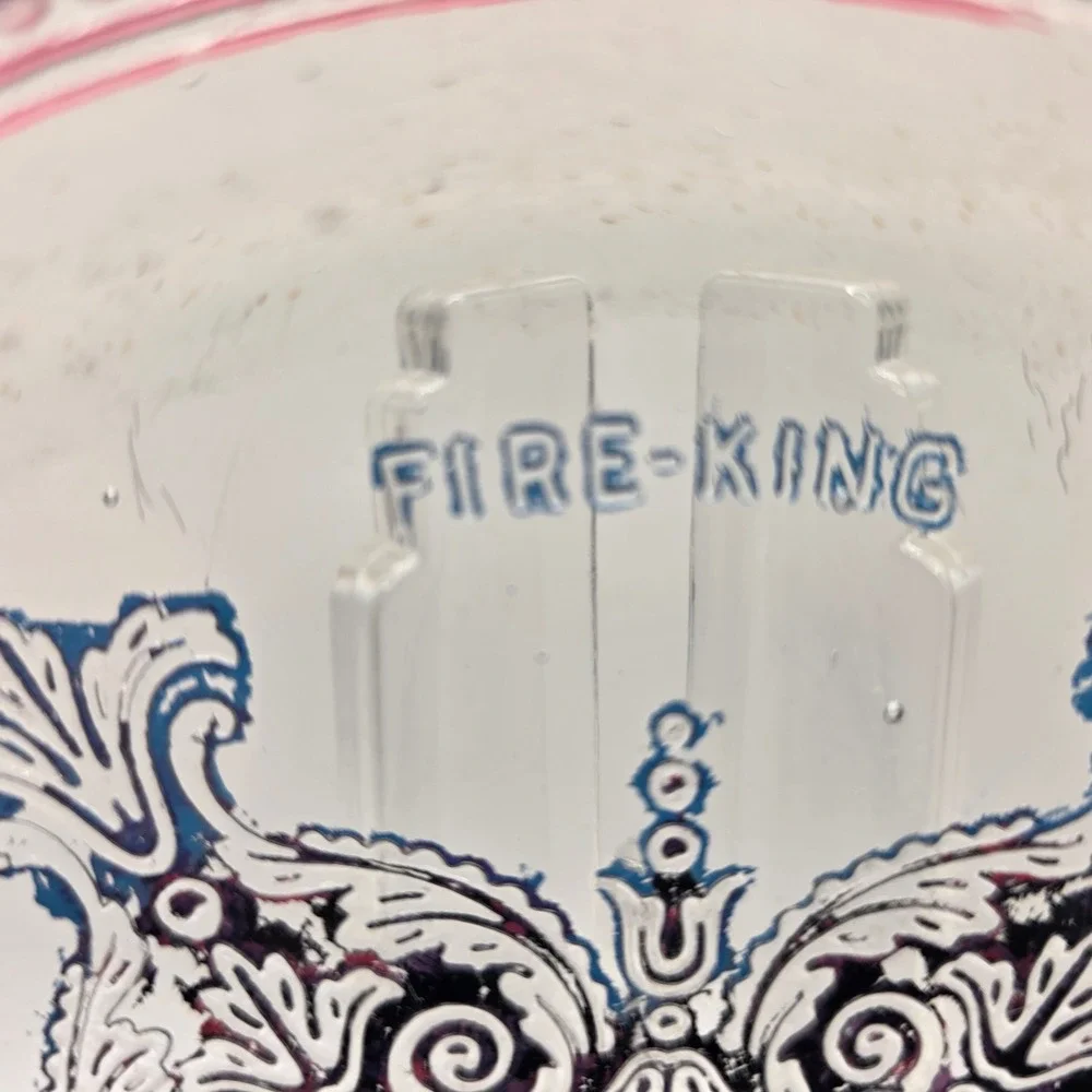 Vintage Fire-King Clear Glass Medallion Plate‎ Blue Red Scroll Pattern 9 inch